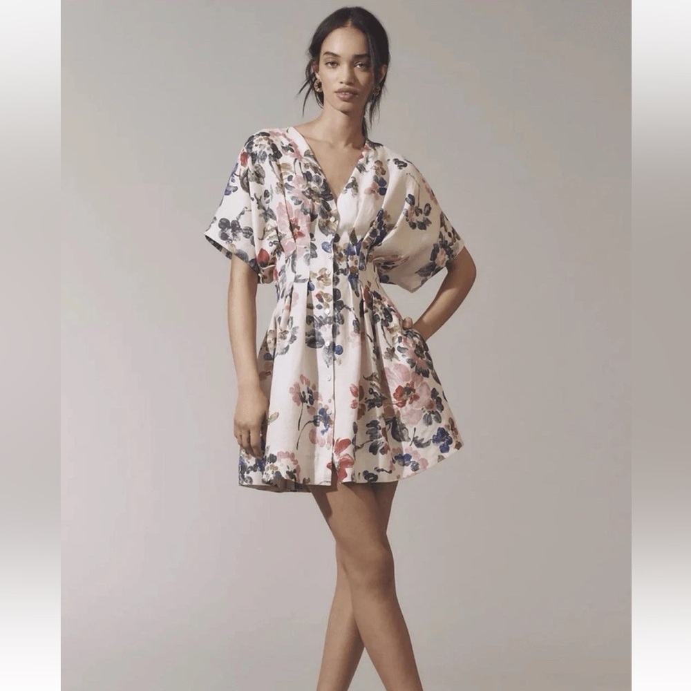 Anthropologie Tobie Linen Pleated MiniShirt Dress by Exquise